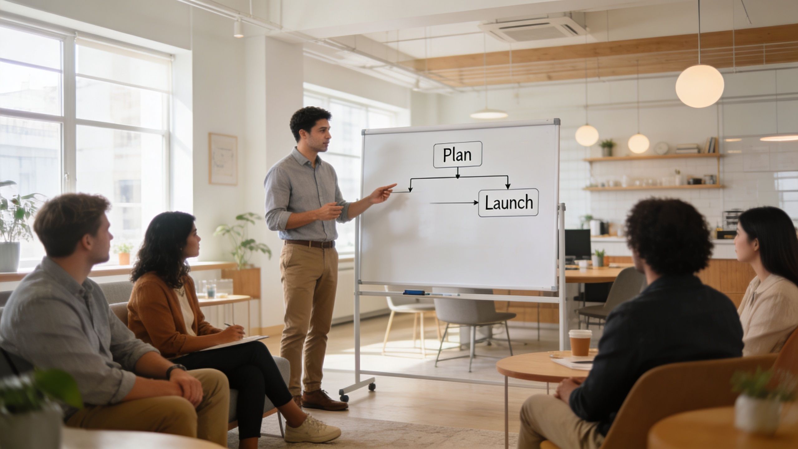 A professional man presenting a business strategy plan on a whiteboard to his colleagues in an office.