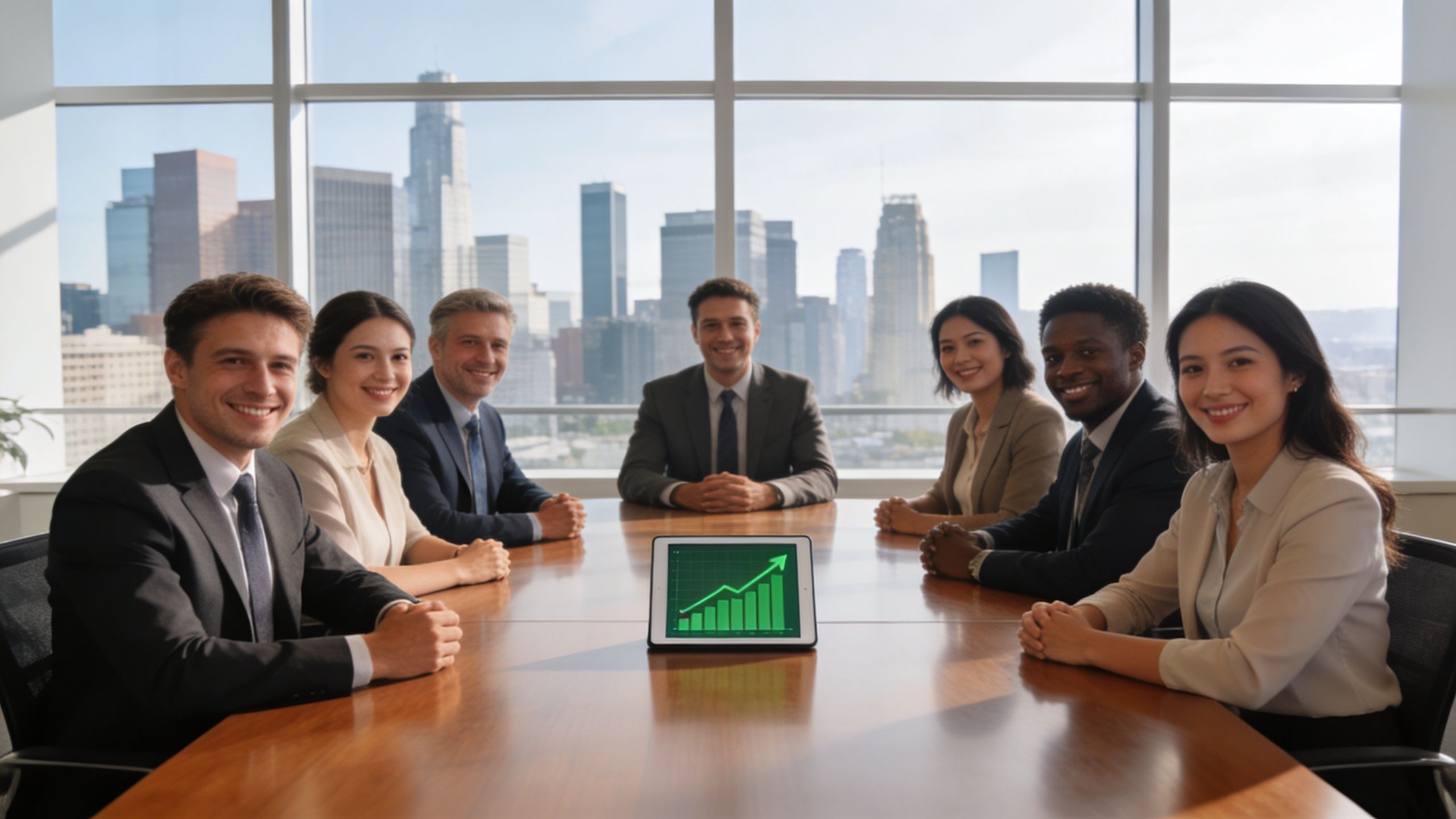 A diverse group of business professionals sitting around a conference table with a positive growth chart.