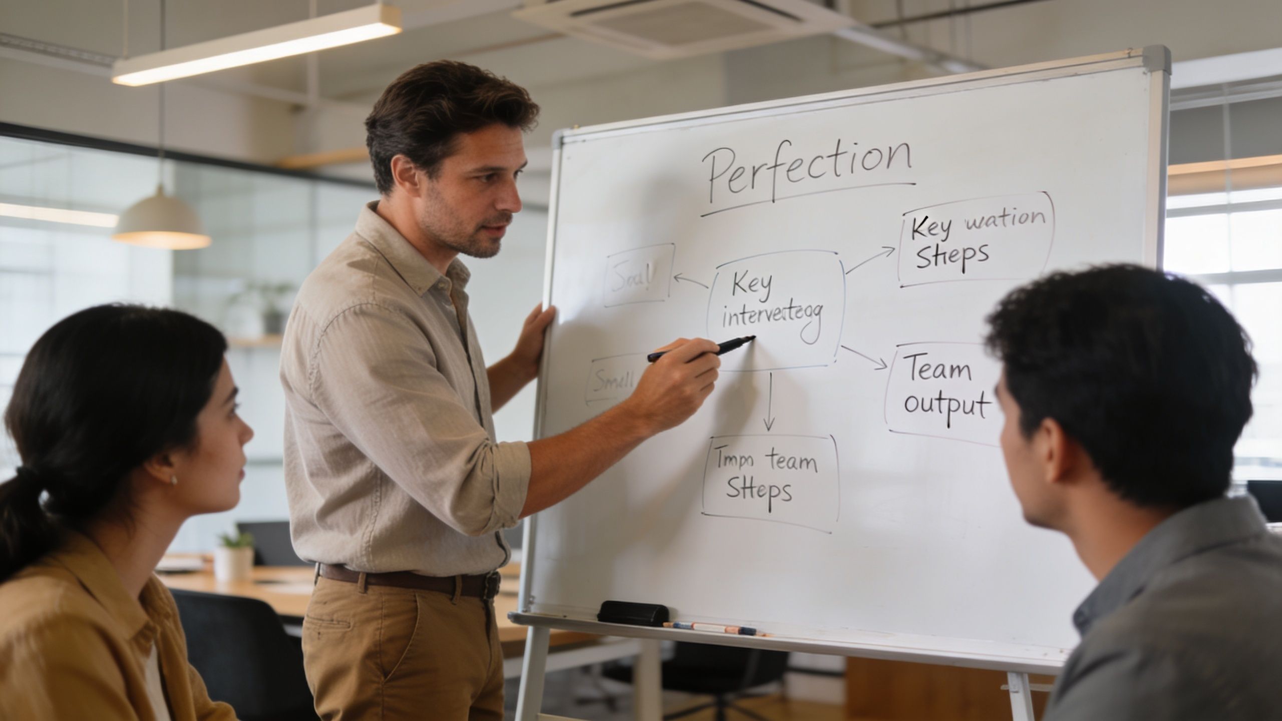 A professional man leads a team strategy meeting by presenting diagrams on a whiteboard in an office.
