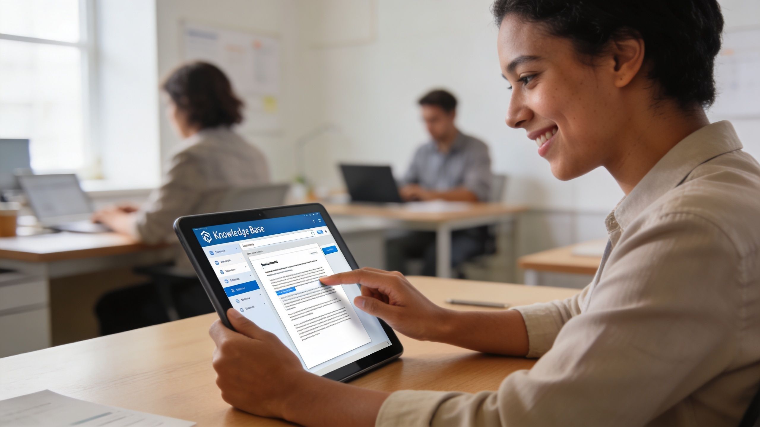 A young woman smiling while reading a knowledge base article on a tablet in an office.