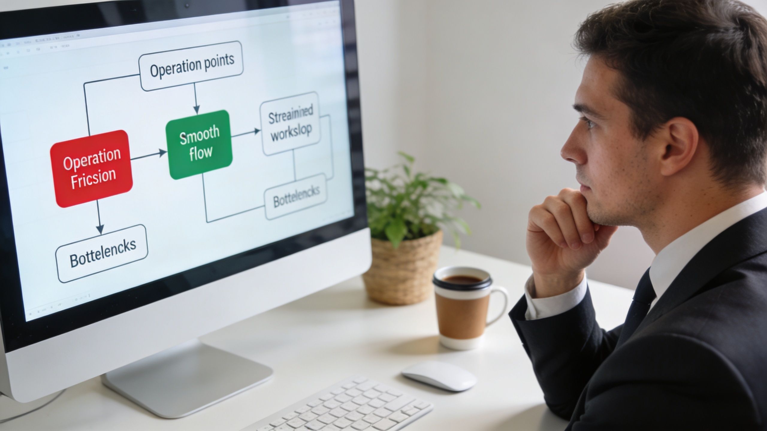 A professional man in a suit looking at a business flow diagram on his desktop computer screen.