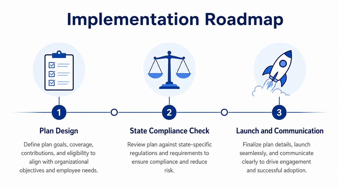A three-step implementation roadmap for non qualified plans including design, compliance check, and launch phases.