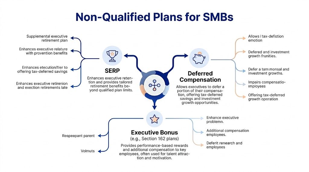 An infographic detailing non-qualified executive benefit plans for small and medium-sized businesses including SERP, deferred compensation, and bonuses.