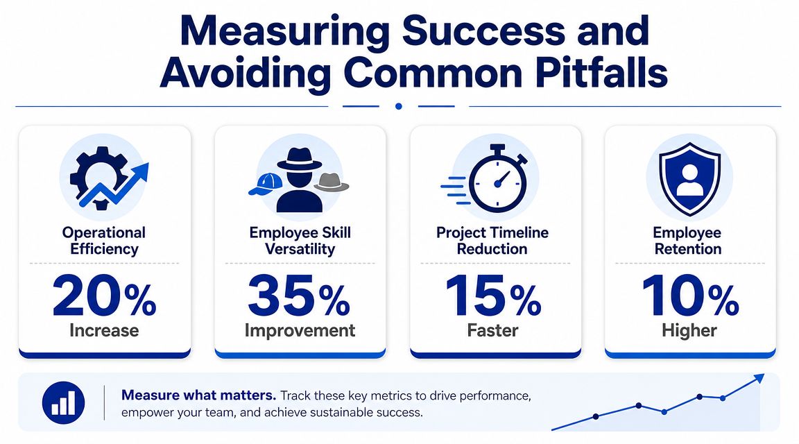 An infographic showing four key performance metrics for success: operational efficiency, employee skill versatility, project timeline, and retention.