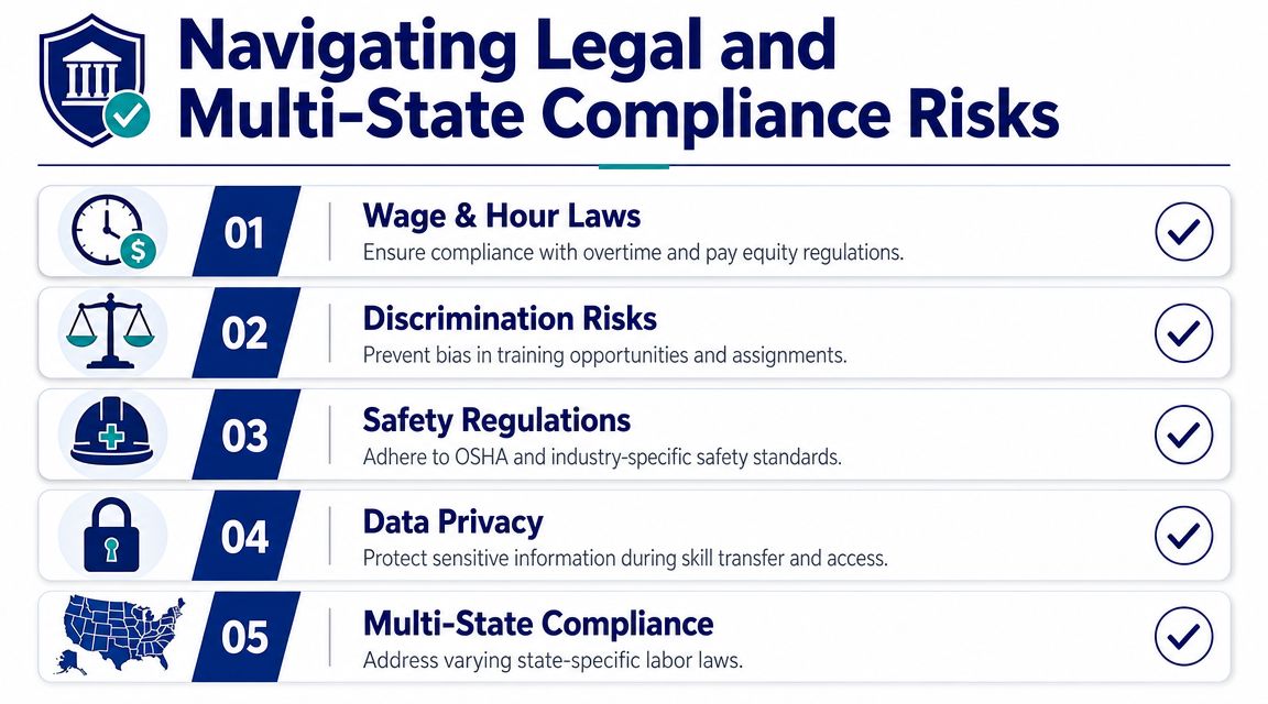 A graphic listing five key compliance risks in employee cross training: wage laws, discrimination, safety, privacy, and state regulations.