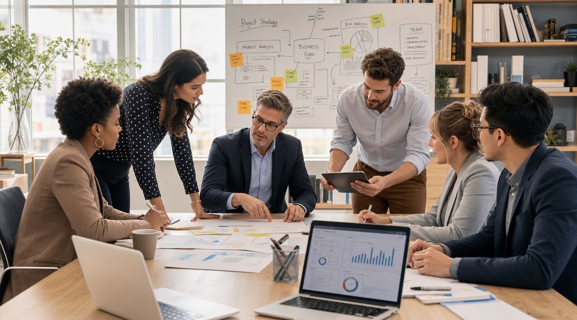 A professional business team collaborating during a strategy meeting in a bright, modern office conference room.