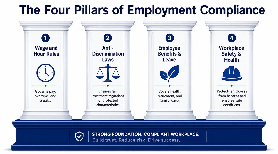 An infographic showing four pillars of employment compliance: wage rules, anti-discrimination, benefits, and workplace safety.