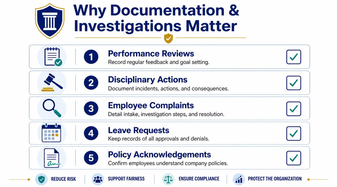 An infographic titled Why Documentation and Investigations Matter, highlighting five essential HR practices for workplace compliance.