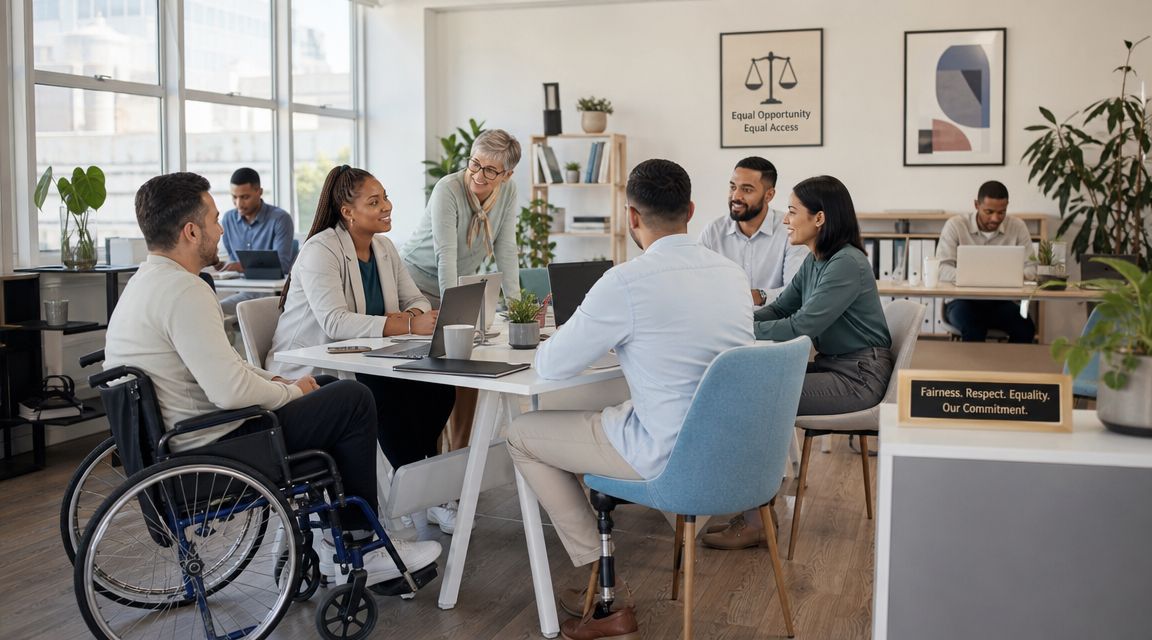 A diverse group of professionals working together in an inclusive office environment with accessibility features.