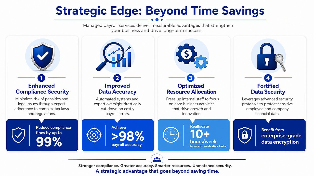 An infographic showing four key strategic advantages of using managed payroll services for business growth and security.