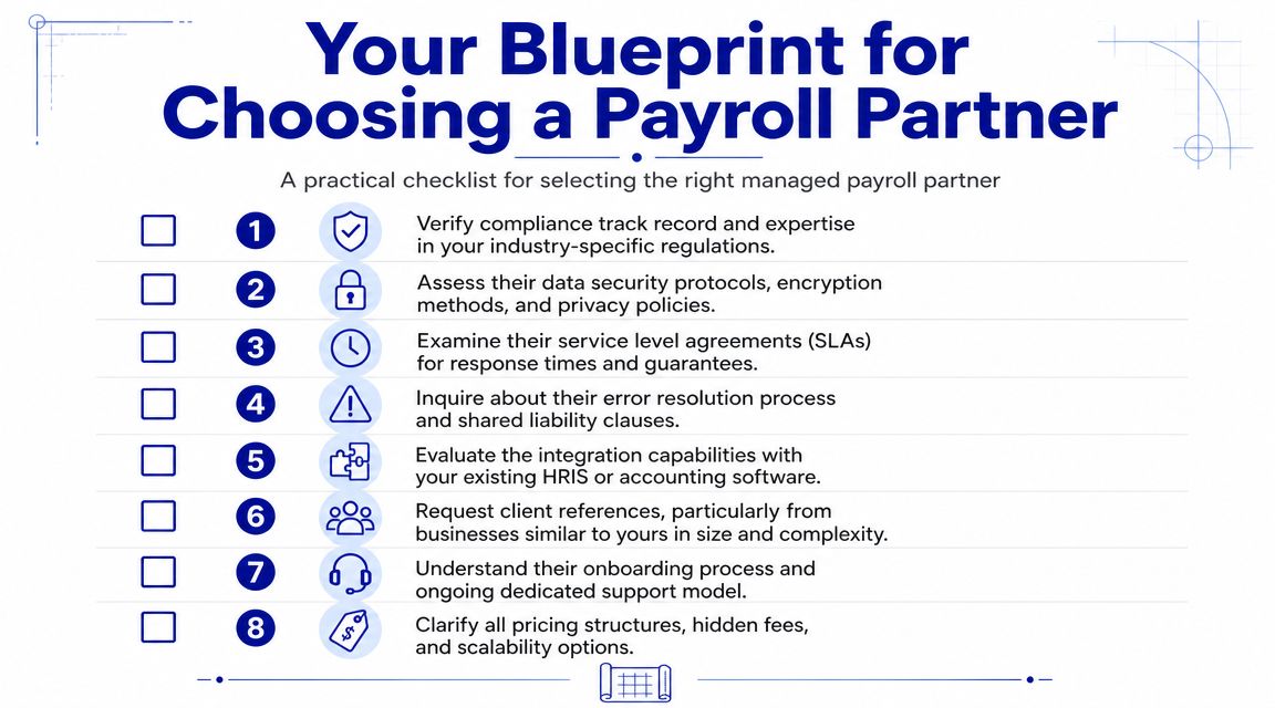 A checklist infographic titled Your Blueprint for Choosing a Payroll Partner detailing eight steps for selection.