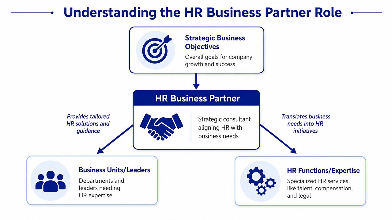 A diagram illustrating the role of an HR Business Partner as a strategic link between business objectives and HR expertise.