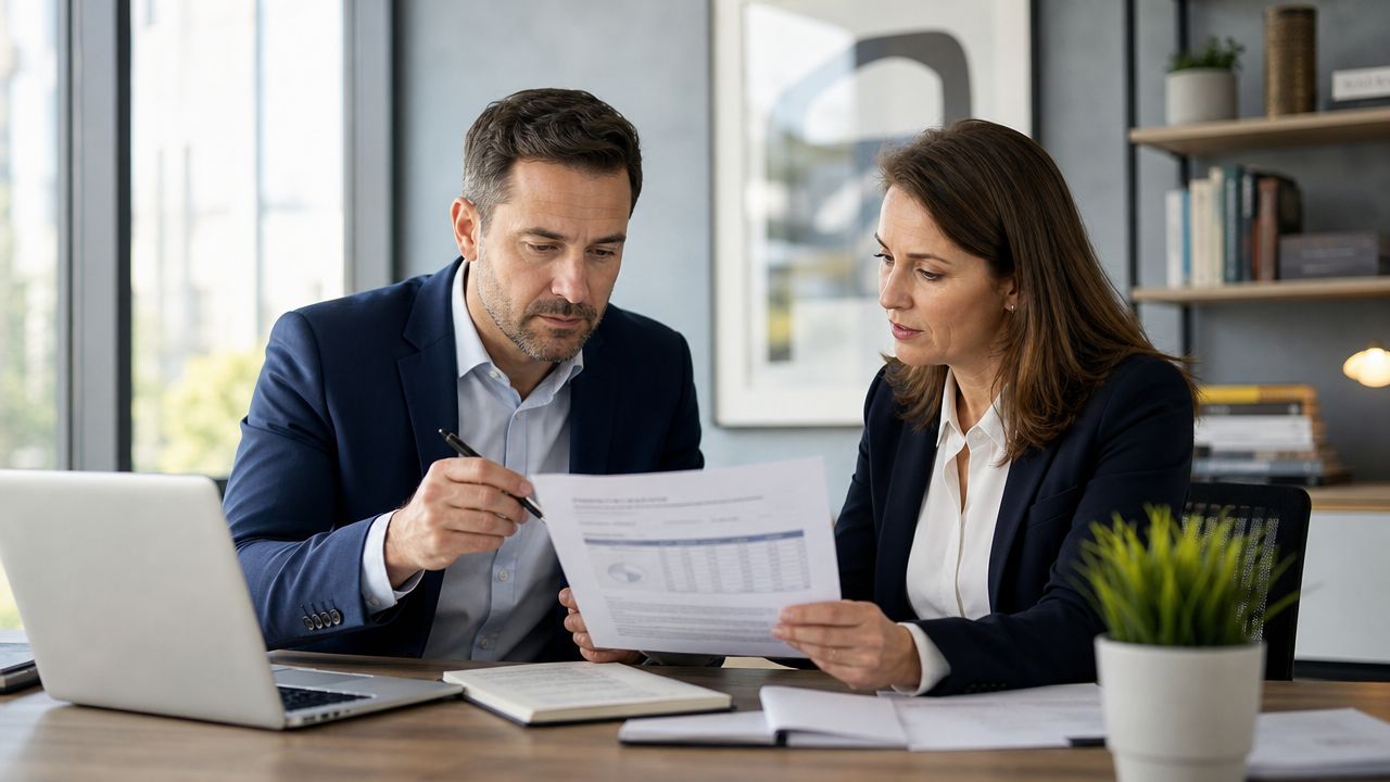 A professional man and woman in business attire collaborating over documents at a modern office desk.