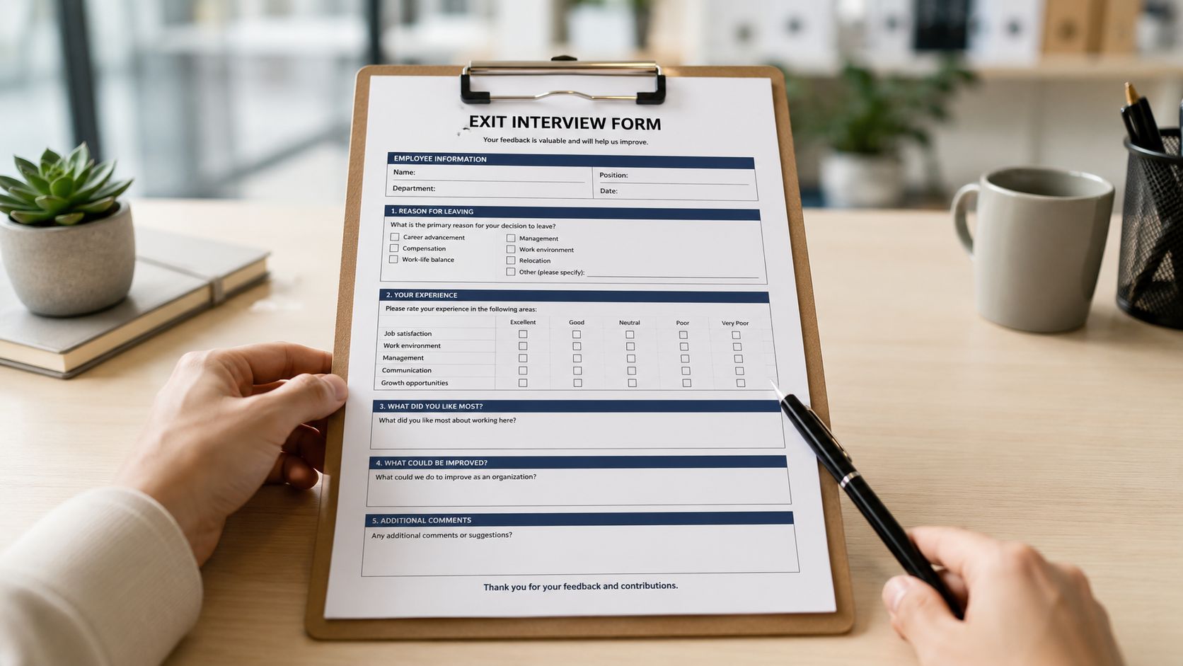 A person holding a clipboard with an exit interview form while sitting at an office desk.