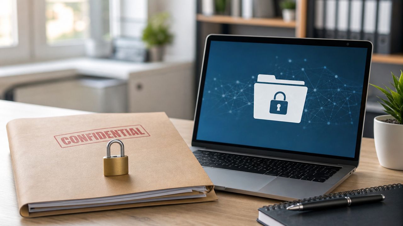 A laptop showing a secure folder icon beside a confidential folder with a padlock on a desk.