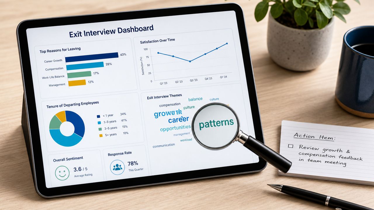 A tablet on a desk displaying an exit interview dashboard with charts, graphs, and a magnifying glass.