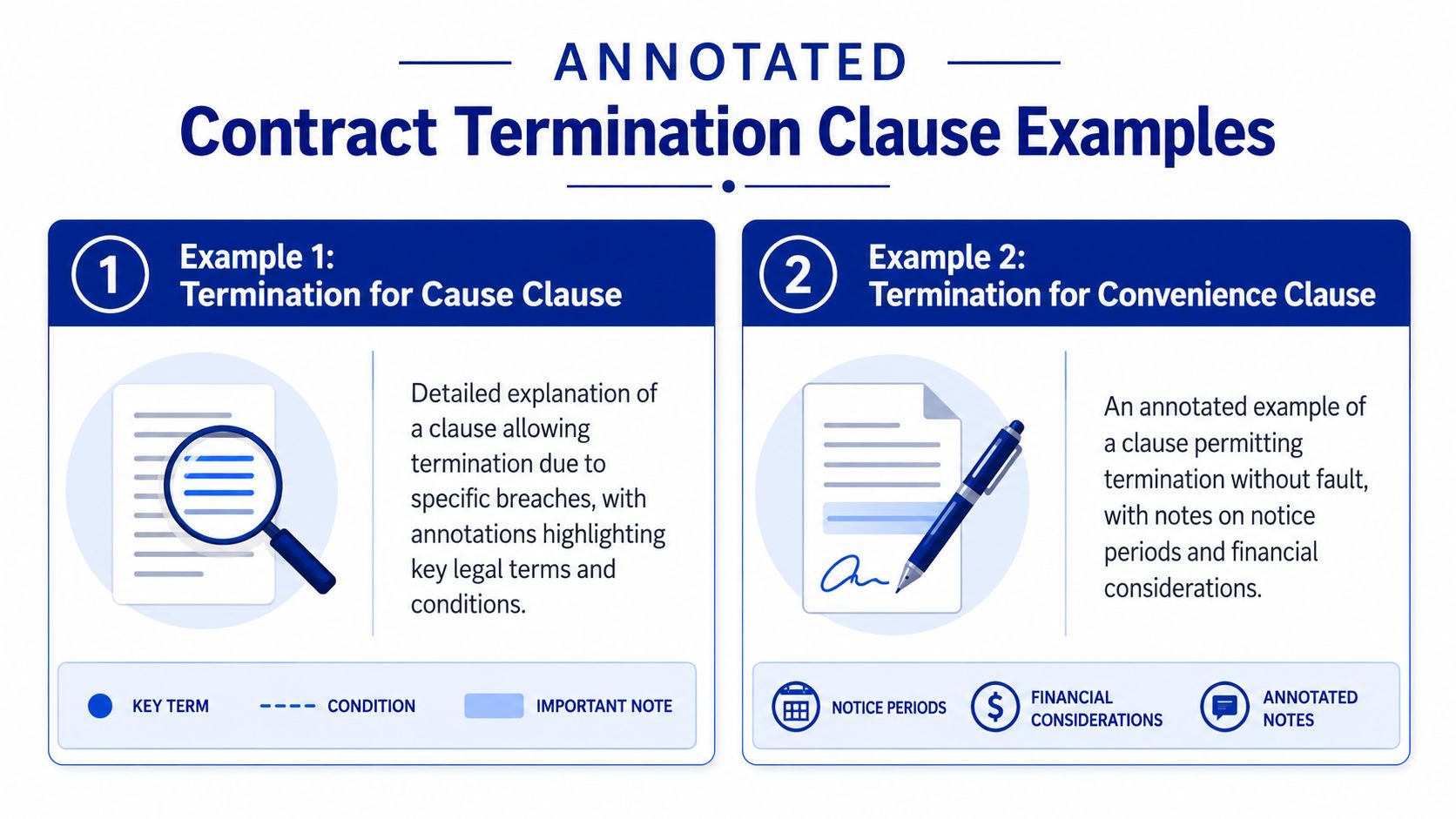 A visual guide illustrating two common types of contract termination clauses: termination for cause and termination for convenience.