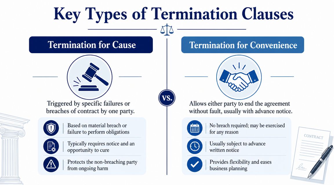 An infographic comparing termination for cause and termination for convenience clauses in a legal contract.