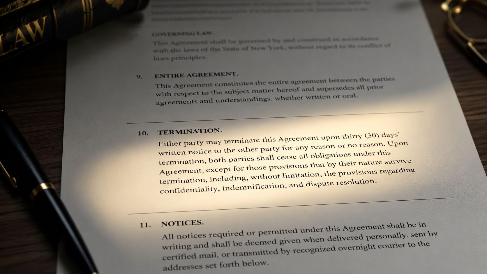 A close-up view of a legal document highlighting the termination clause on a wooden desk.