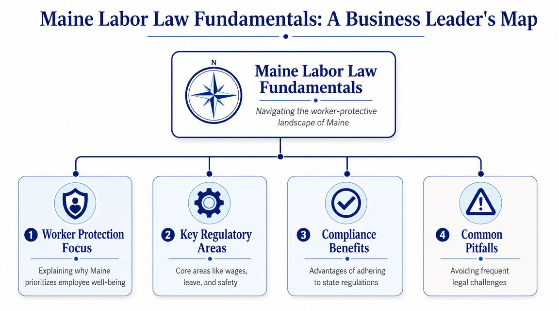 A diagram outlining Maine labor law fundamentals, including worker protection, regulatory areas, compliance benefits, and common pitfalls.
