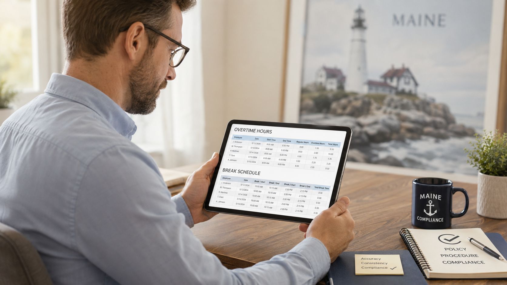 A professional working on a tablet showing employee overtime hours and break schedules in an office setting.