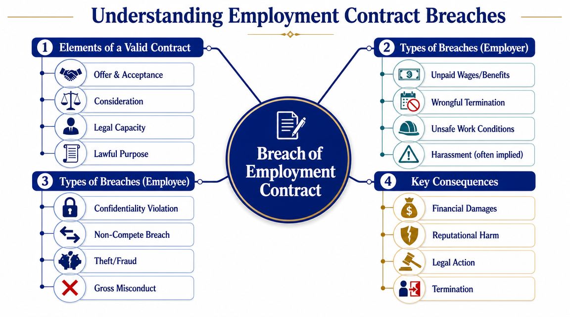 An infographic titled Understanding Employment Contract Breaches illustrating the elements, types, and consequences of contract violations.