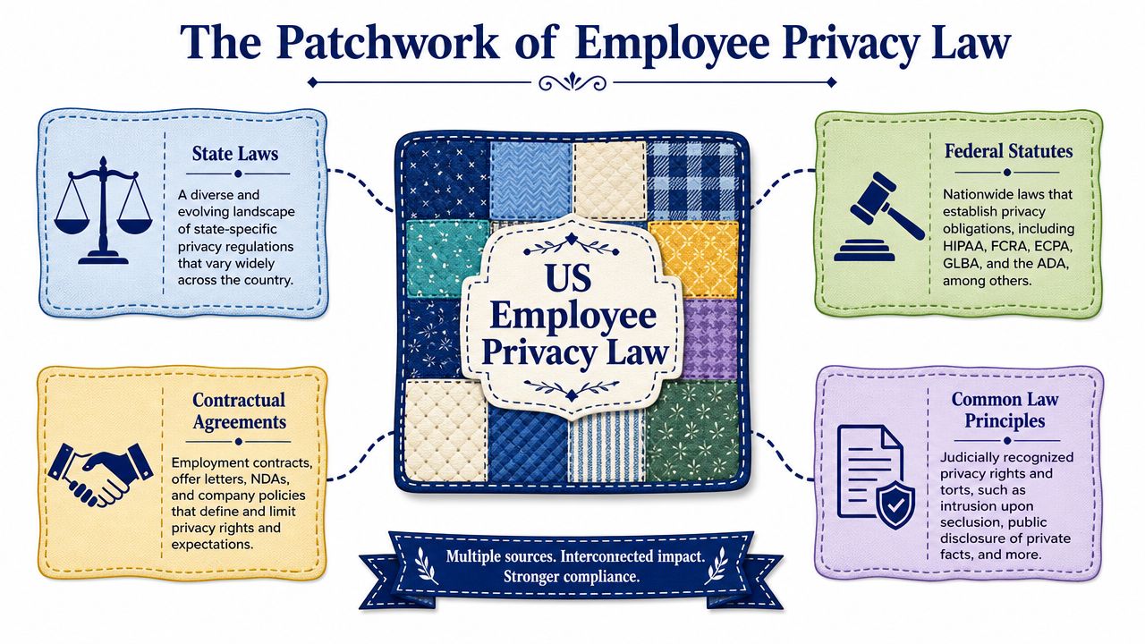 An infographic showing the four sources of US employee privacy law: state laws, federal statutes, contracts, and common law.