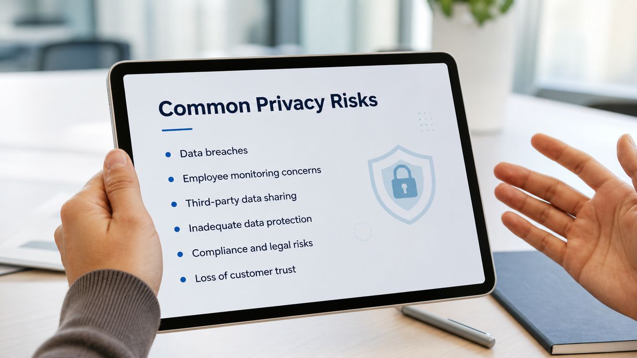 A person holding a tablet displaying a presentation titled Common Privacy Risks in a professional office setting.