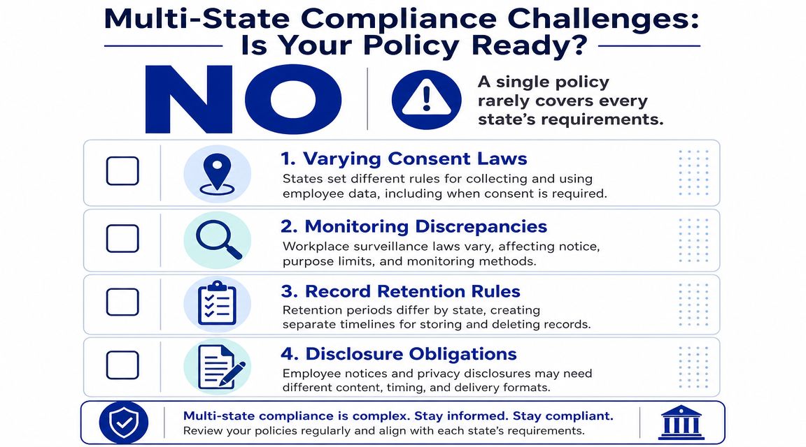 An infographic detailing four key challenges regarding multi-state employee privacy compliance and workplace data regulations.