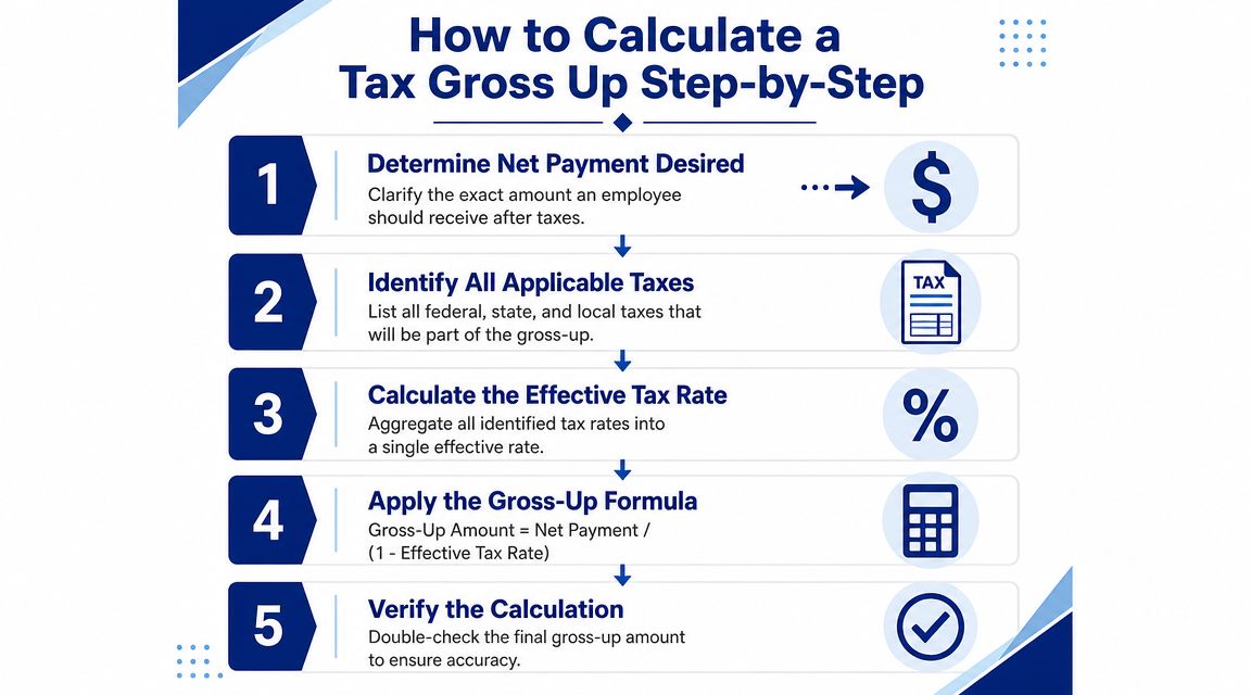 A step-by-step infographic explaining how to calculate a tax gross-up amount for employees.