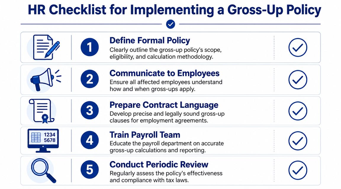 A five-step HR checklist infographic for effectively implementing and managing a tax gross-up policy within organizations.