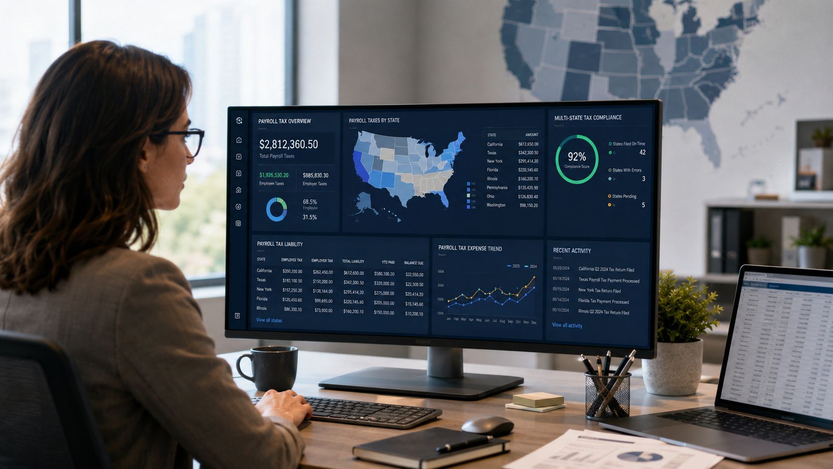 A professional woman working at her desk while analyzing payroll tax data on a large computer monitor.