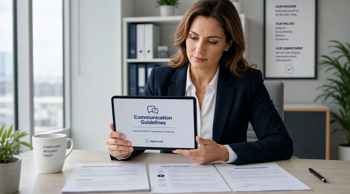 A professional woman in a suit reviews an internal communications plan document on a tablet device.