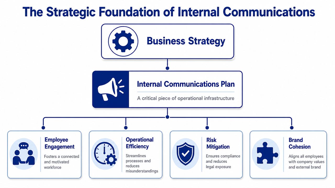 A diagram illustrating how an internal communications plan serves as a strategic foundation for organizational success.