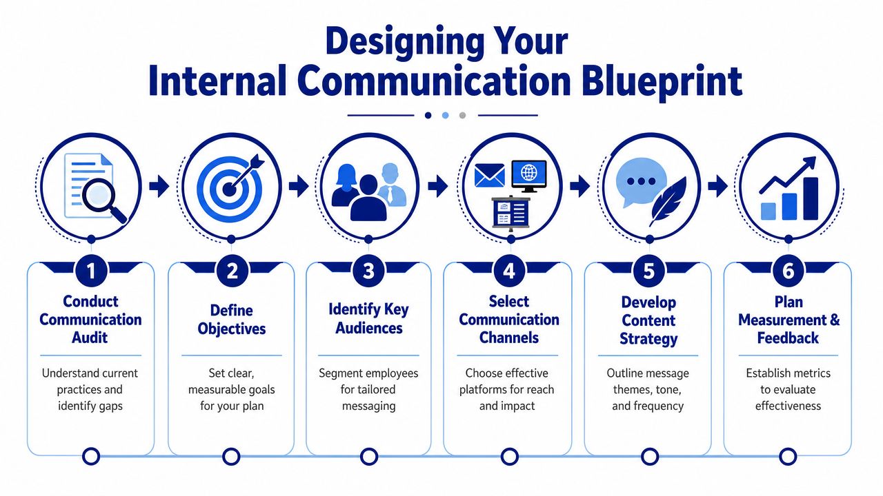 A six-step infographic showing how to design a comprehensive internal communication plan for a company.