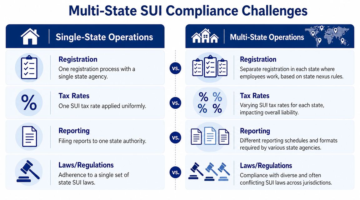 A comparison chart outlining the compliance challenges between single-state and multi-state SUI tax operations.