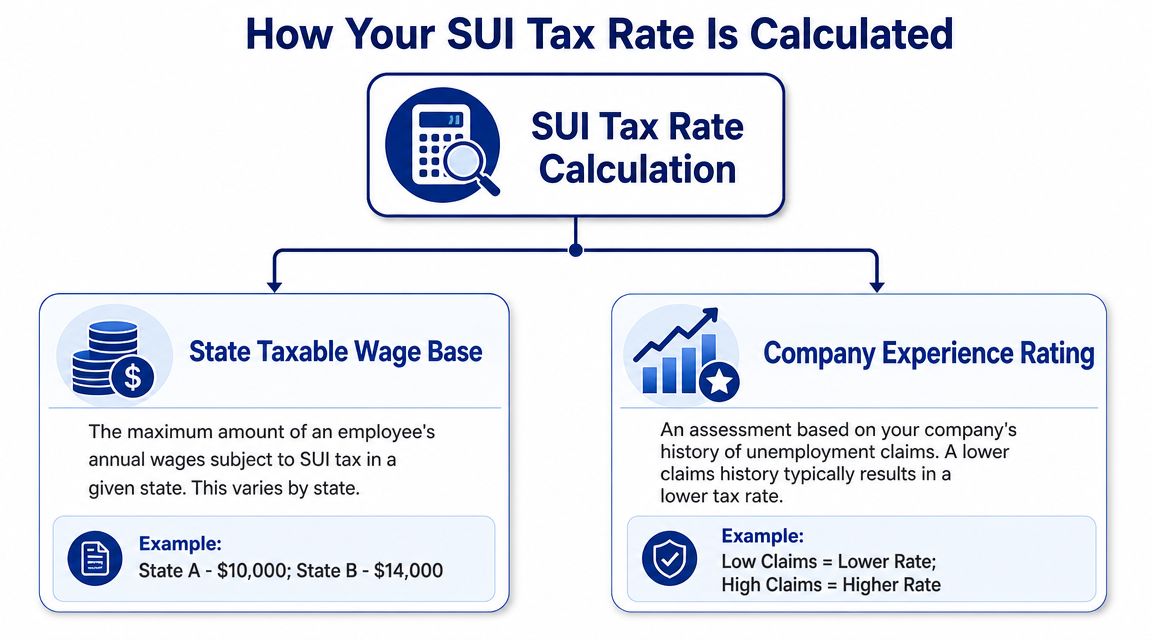 A diagram explaining how SUI tax rates are calculated based on state wage base and company experience ratings.