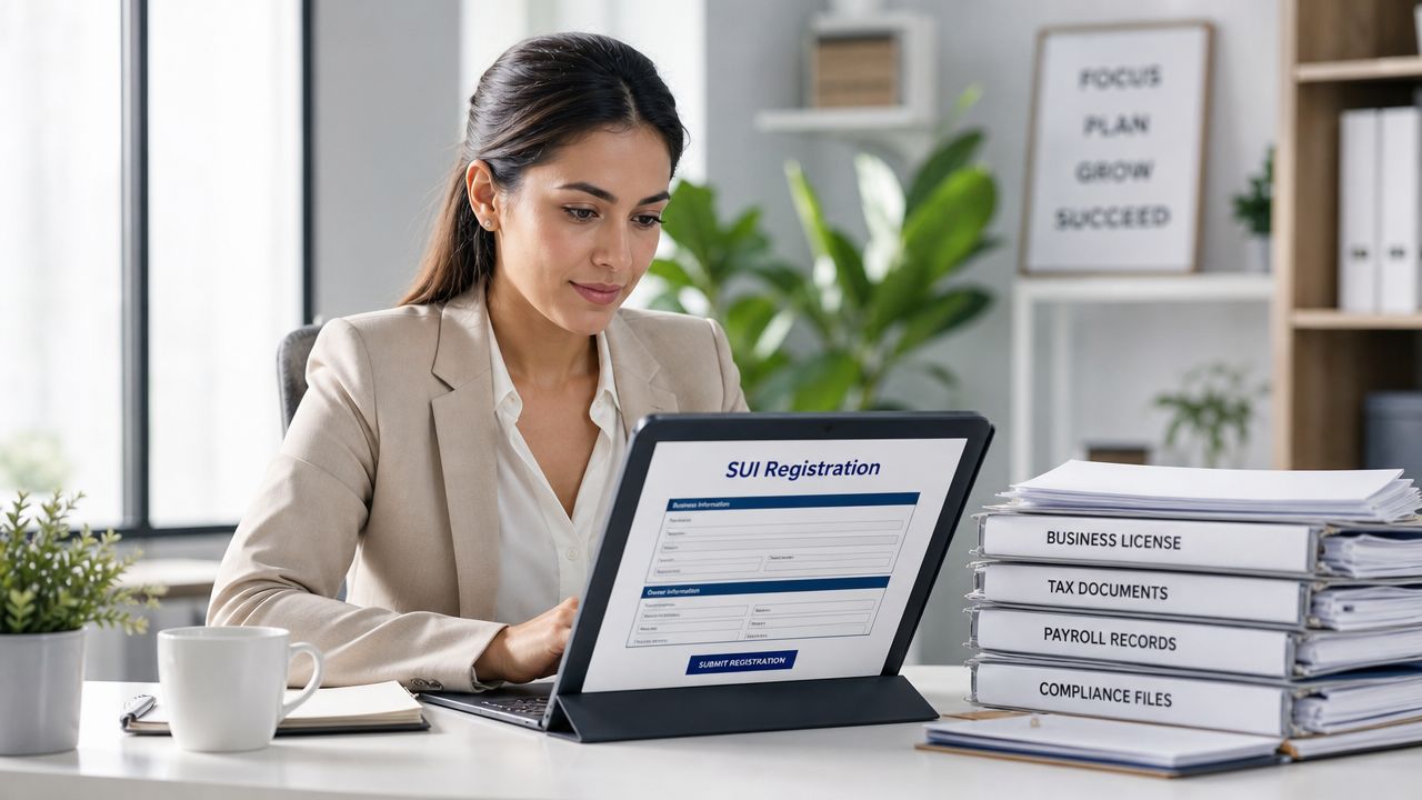 A professional woman working on a digital SUI registration form on a tablet at her desk.