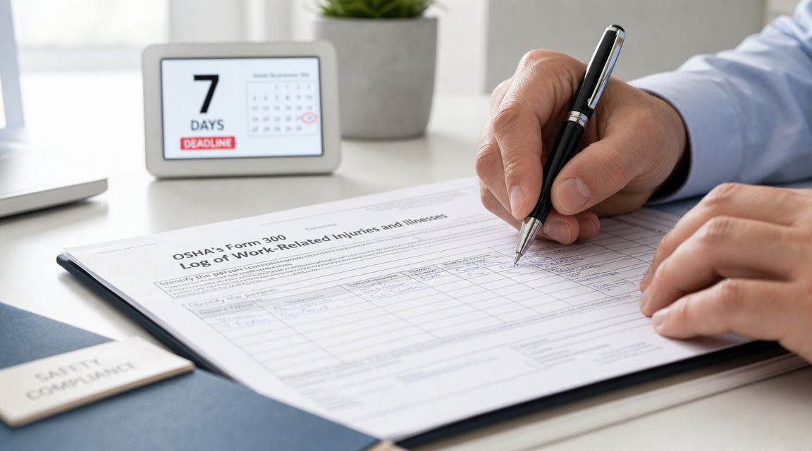 A professional filling out an OSHA Form 300 for work-related injuries and illnesses with a deadline approaching.