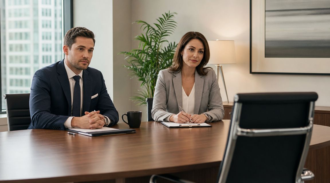 A professional man and woman in business attire sitting at a boardroom table during an interview.