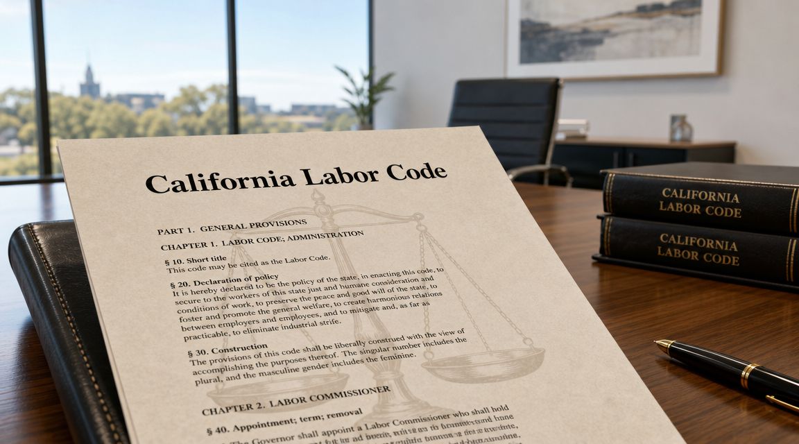 A copy of the California Labor Code document resting on a desk with law books.