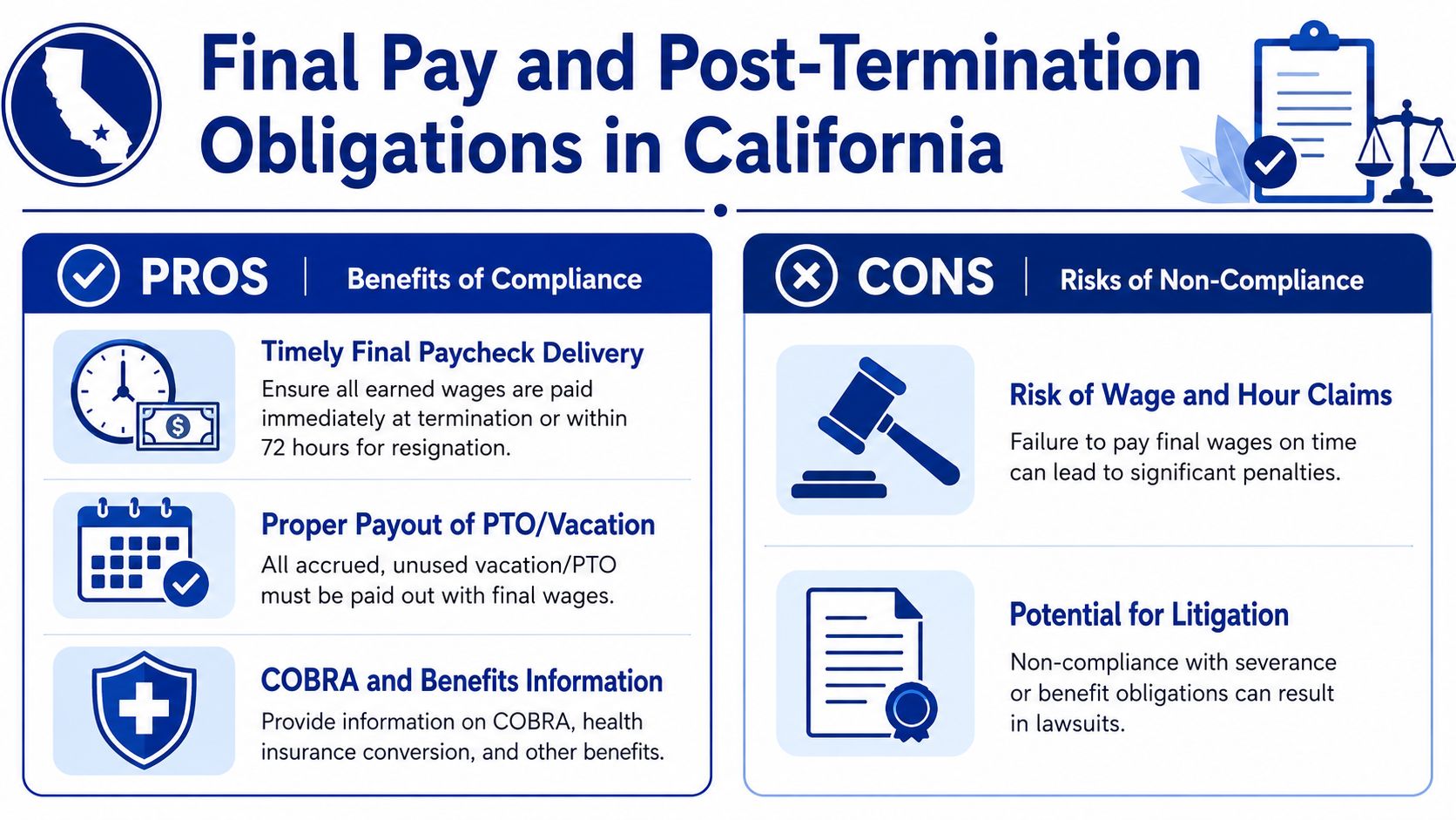 An infographic detailing pros and cons of final pay and post-termination compliance obligations in California.
