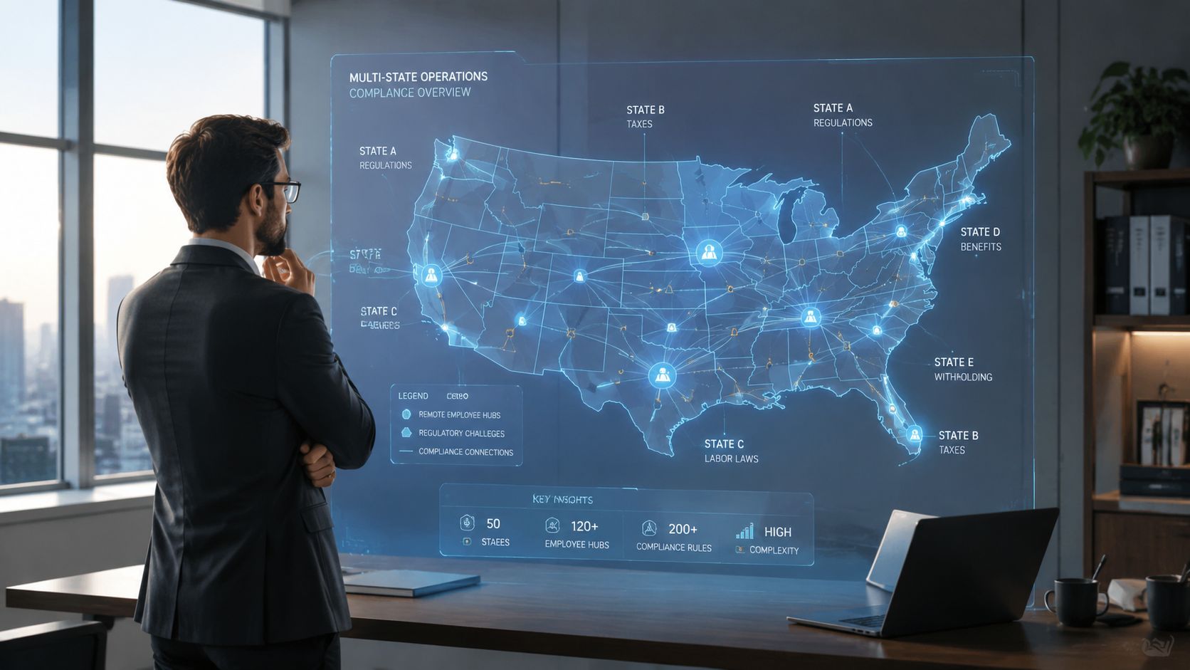 A professional man in a suit examining a digital interactive map of US state compliance operations.