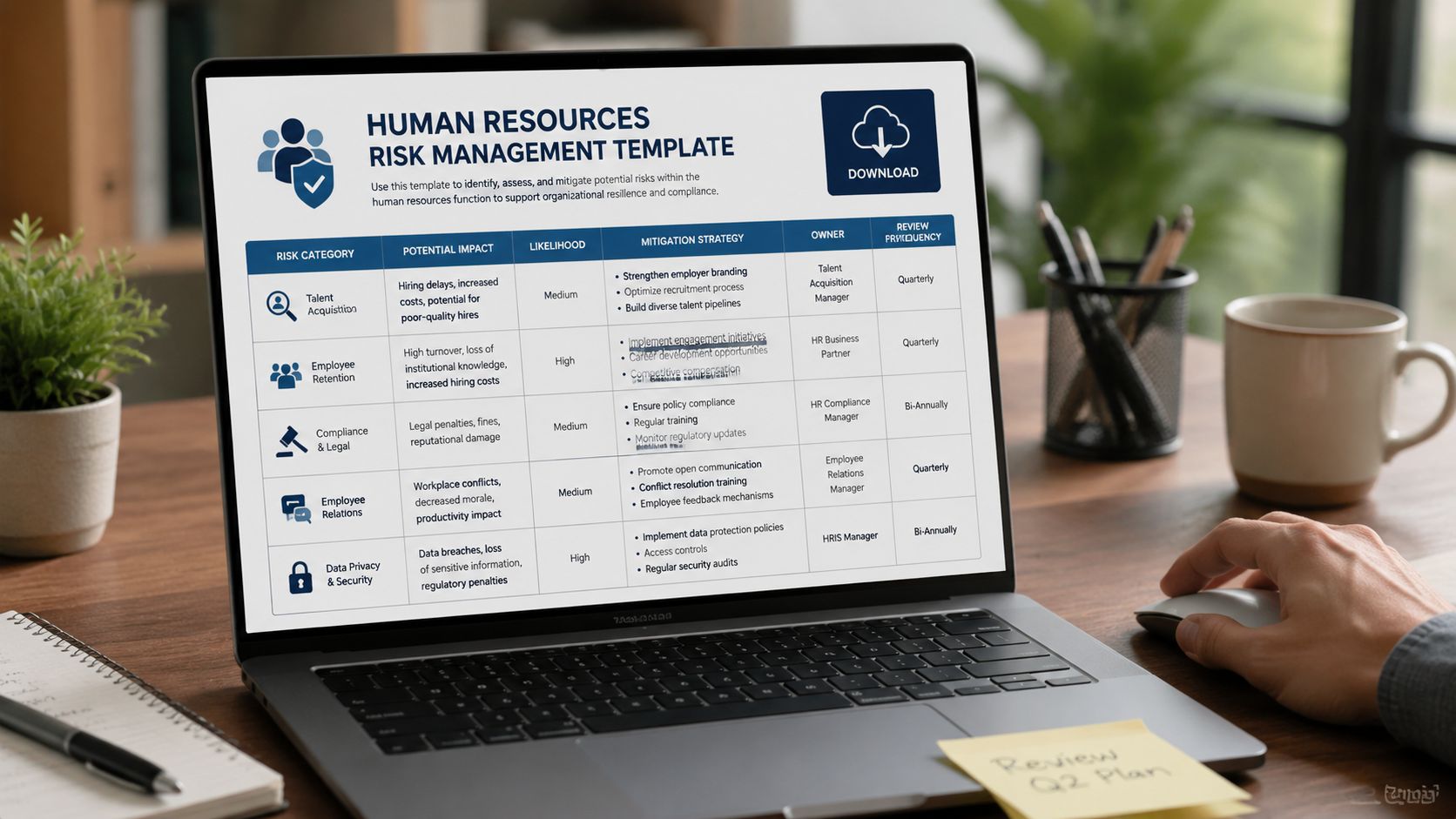 A laptop screen displaying a Human Resources Risk Management template table on a wooden office desk.