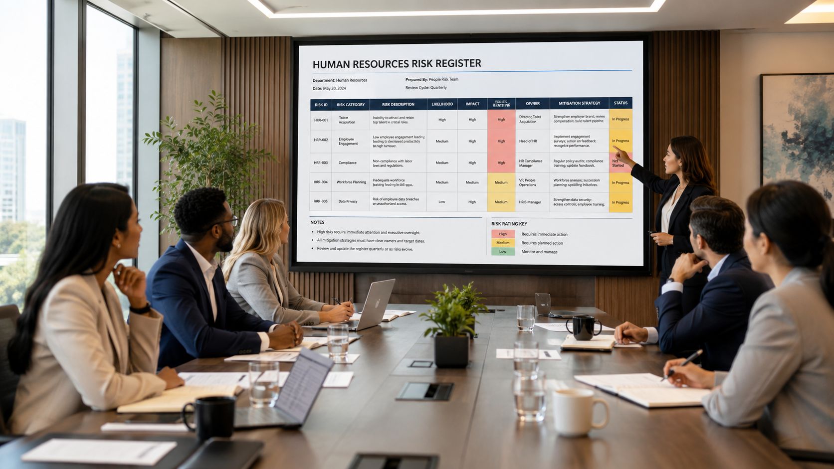 A professional team in a modern conference room reviewing a Human Resources risk register during a meeting.