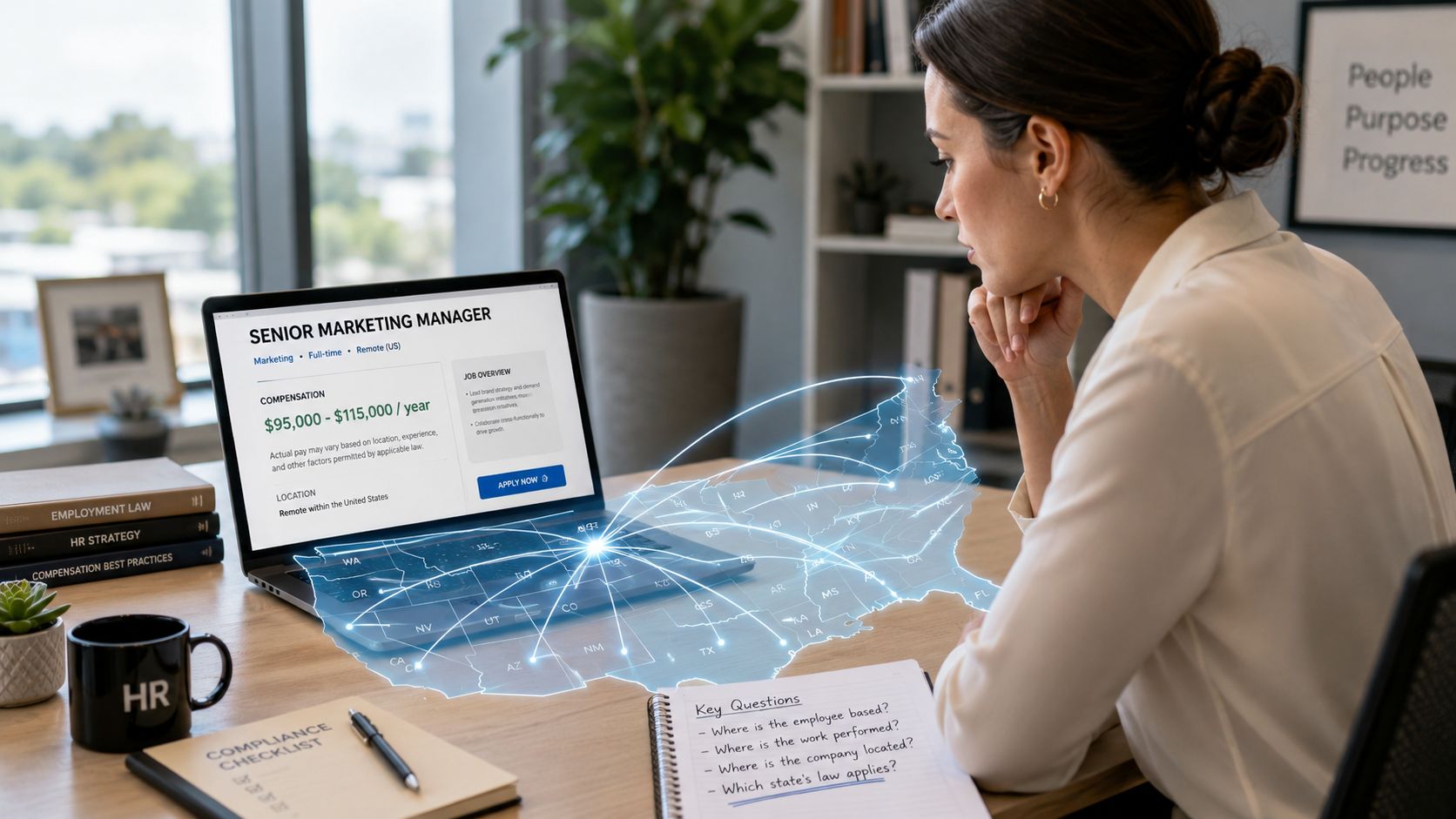 HR professional looking at a laptop displaying remote job pay transparency and United States state employment laws.