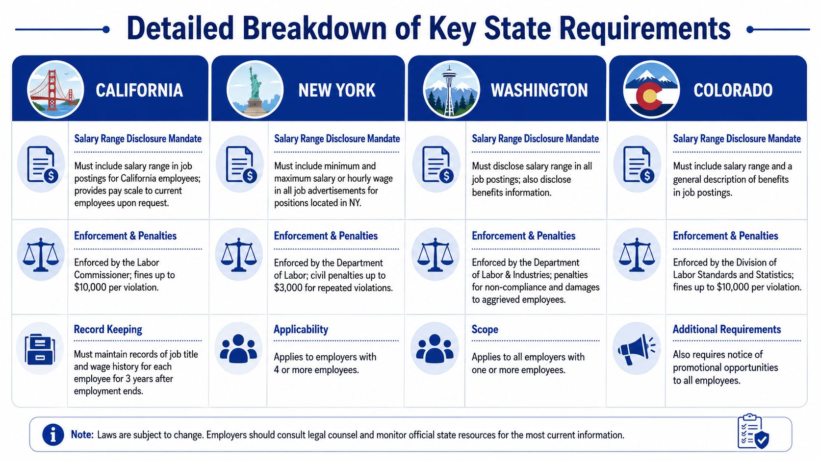 A comparison chart outlining key pay transparency disclosure laws for California, New York, Washington, and Colorado.