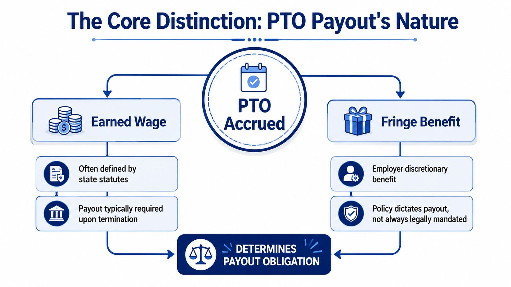 A flowchart infographic explaining that PTO accruals are classified as either earned wages or fringe benefits.