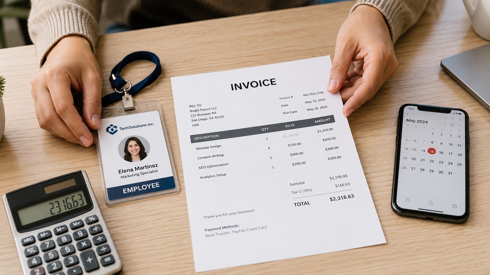 A person holding a business invoice and employee ID badge at a desk with a calculator.