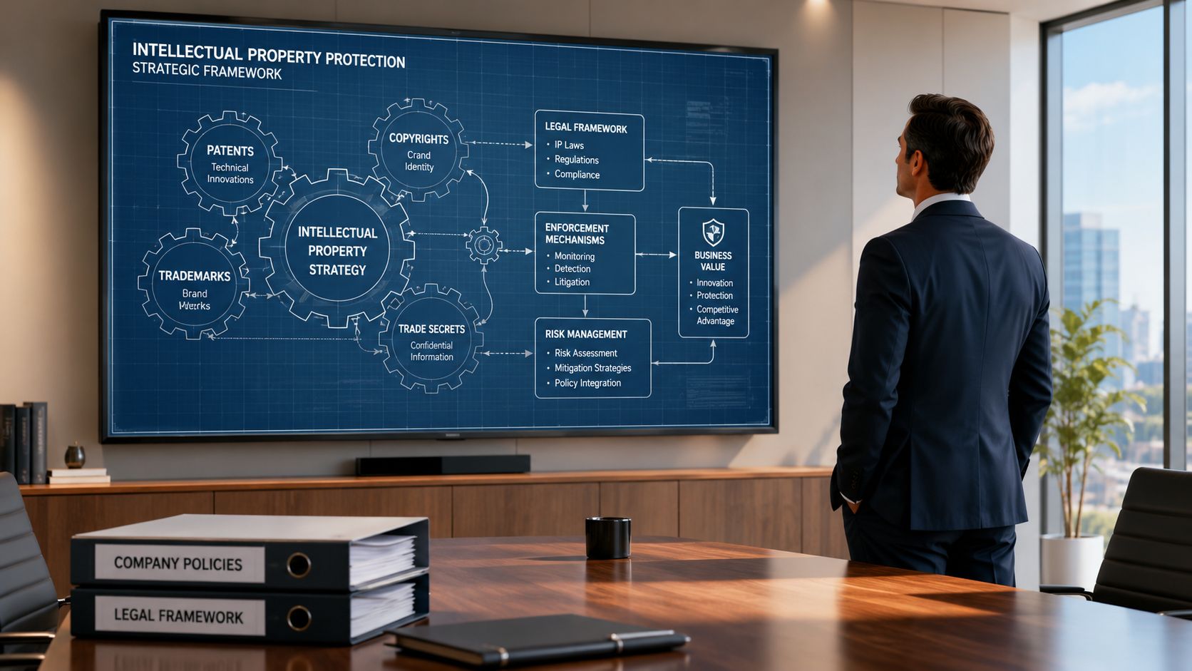 A professional in a suit views a digital display showing an intellectual property protection strategic framework flowchart.